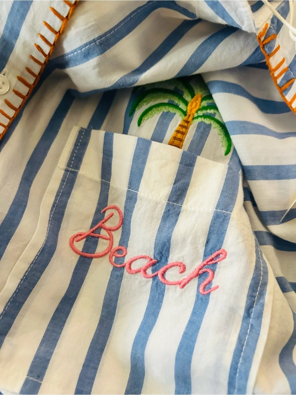 Shiraleah Blue & White Striped beach Shirt Dress with Embroidery large